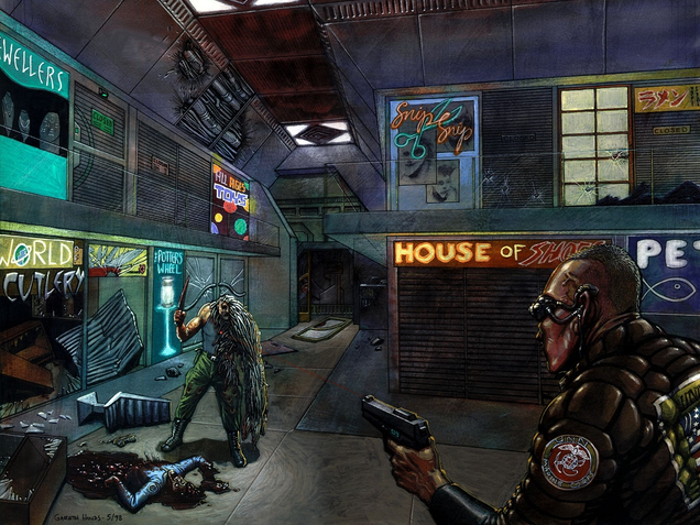 Concept art for System Shock 2, co-developed by Irrational Games and Looking Glass Studios.